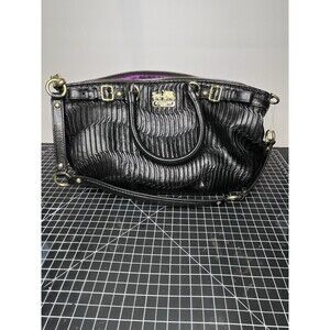 Coach Madison Sophia Gathered Leather Satchel Bag Black Gold Purple Satin Lining